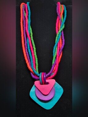 Vintage 80s Neon Wood Bead Statement Necklace Memphis Geometric Art Deco Boho